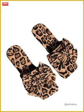 Graphic Print Bow Cute Leopard Sandals Flat Slide